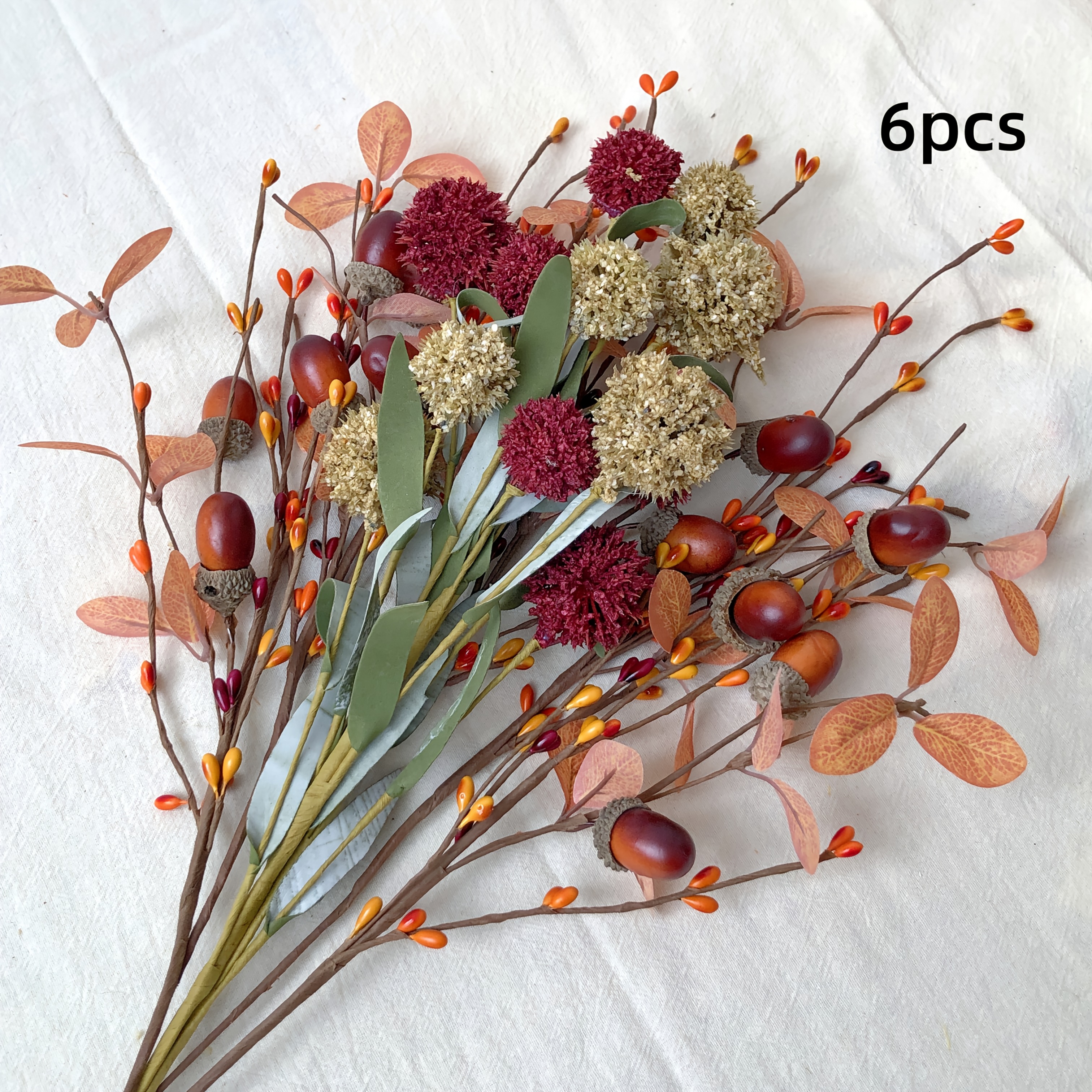 6pcs Realistic Artificial Flower Stems With Hydrangebs, Berries, Eucalyptus Leaves & Foliage - Hand-twisted Plastic Branches Suitable For Diy, Fall Decor, Table Centerpieces, Wedding/party Decorations