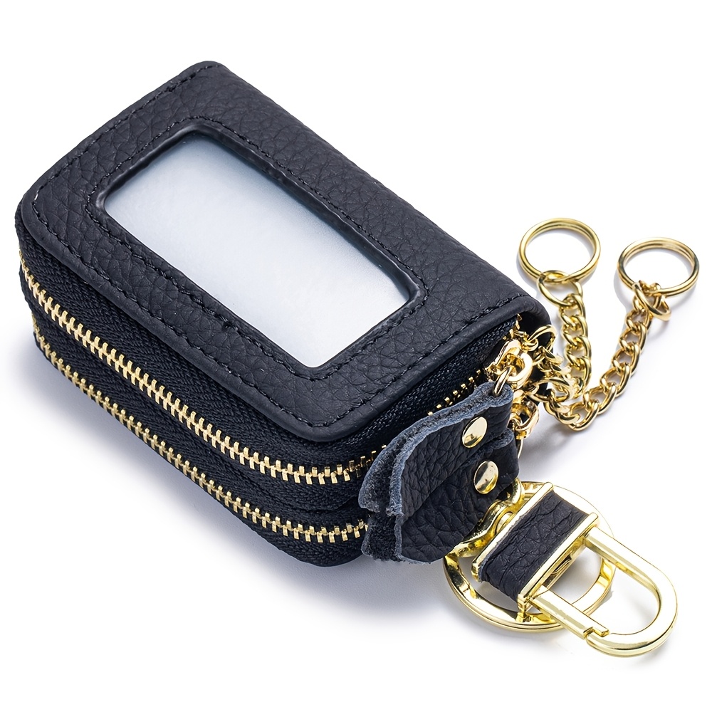 E-shop OBCREATOR Echtleder-Doppelreißverschluss-Autoschlüsselhalter mit Kette – Großes Rindleder-Schlüssel-Etui für Damen & Herren, Robuster