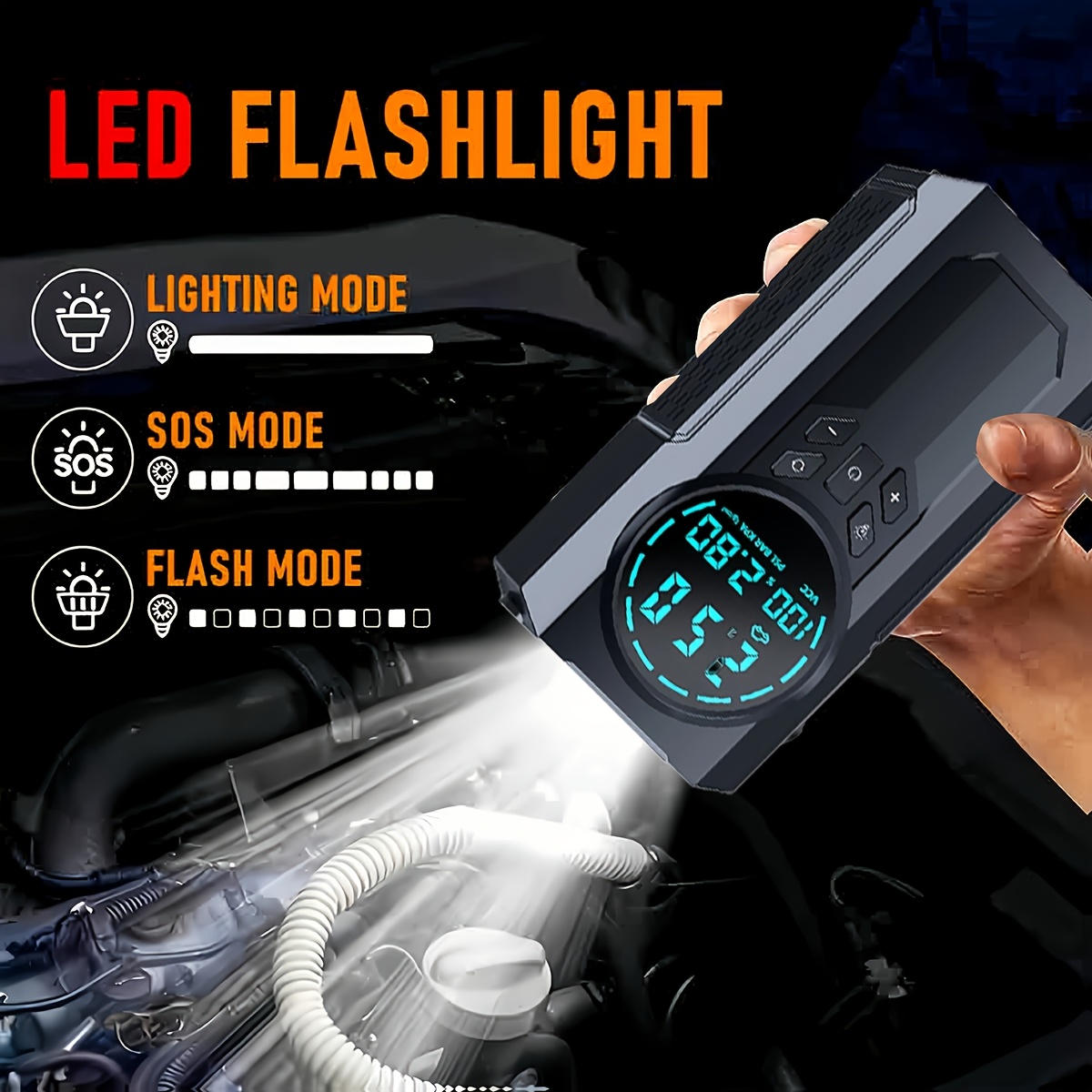 auxiliar de emergência para carro, 8000a com compressor de ar, inflador de pneus 180psi, bateria capacidade incorporada de 8000mah, visor digital, monitorização da pneus, 3 de iluminação led - adequado para de 9.99l ou de 9.01l Detalhes do produto 4