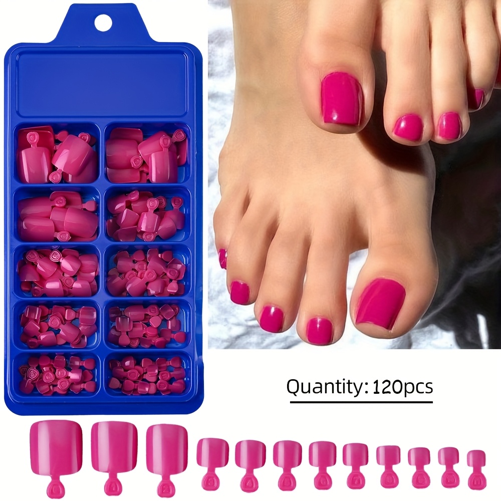 Image of 120pcs Rose Red Glossy Short Square Press On Toenails - Full Cover French Style Fake Nails For Toes And Fingers, Summer Nail Art Set For Women And With Reusable Storage Box Of Nail Supplies