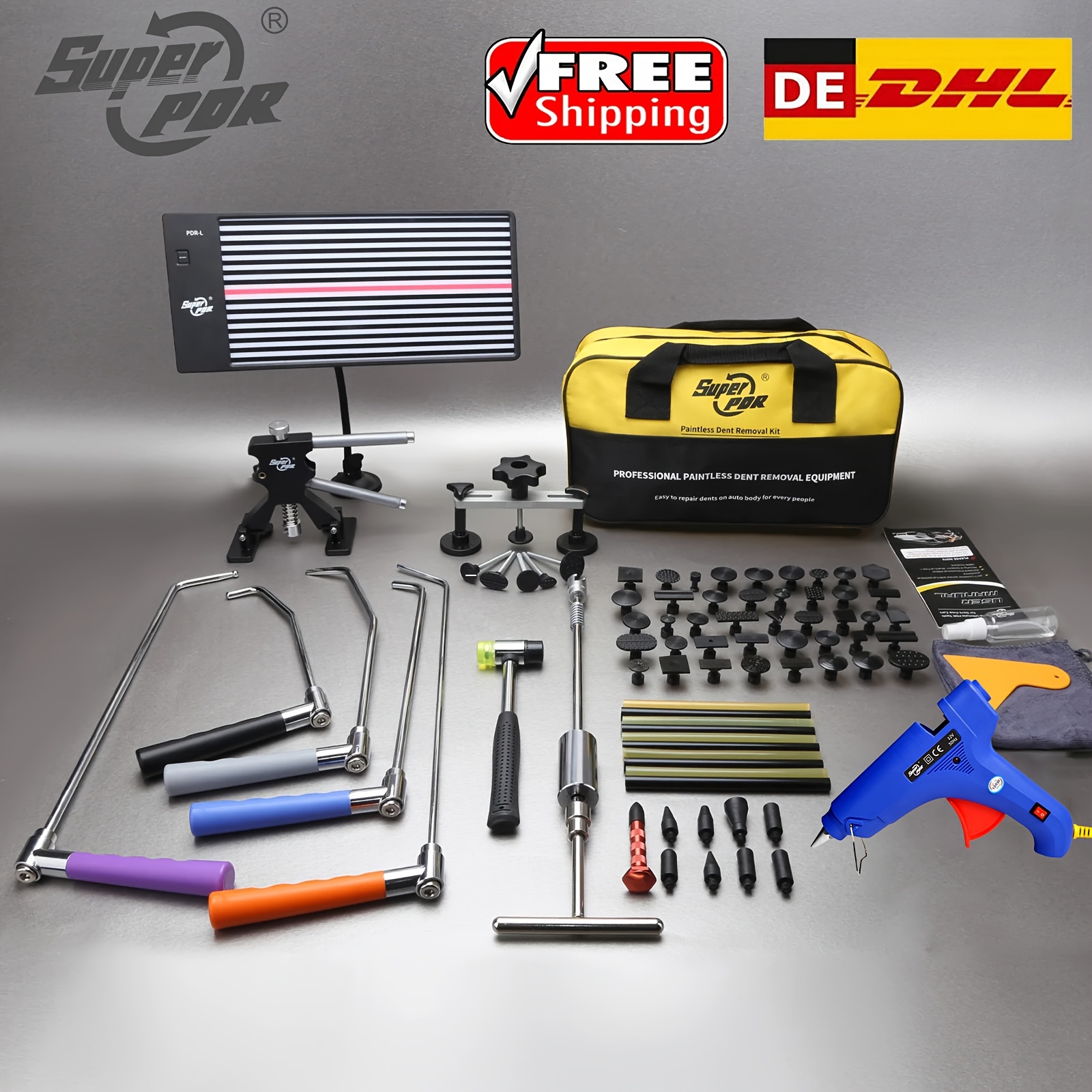 Image of Super Pdr Professional Auto Dent Repair Kit - Complete Paintless Dent Removal Tools With Suction Puller, Hammer & Accessories For Car Hail Damage Repair, Ideal Gift For Car Owners And Mechanics