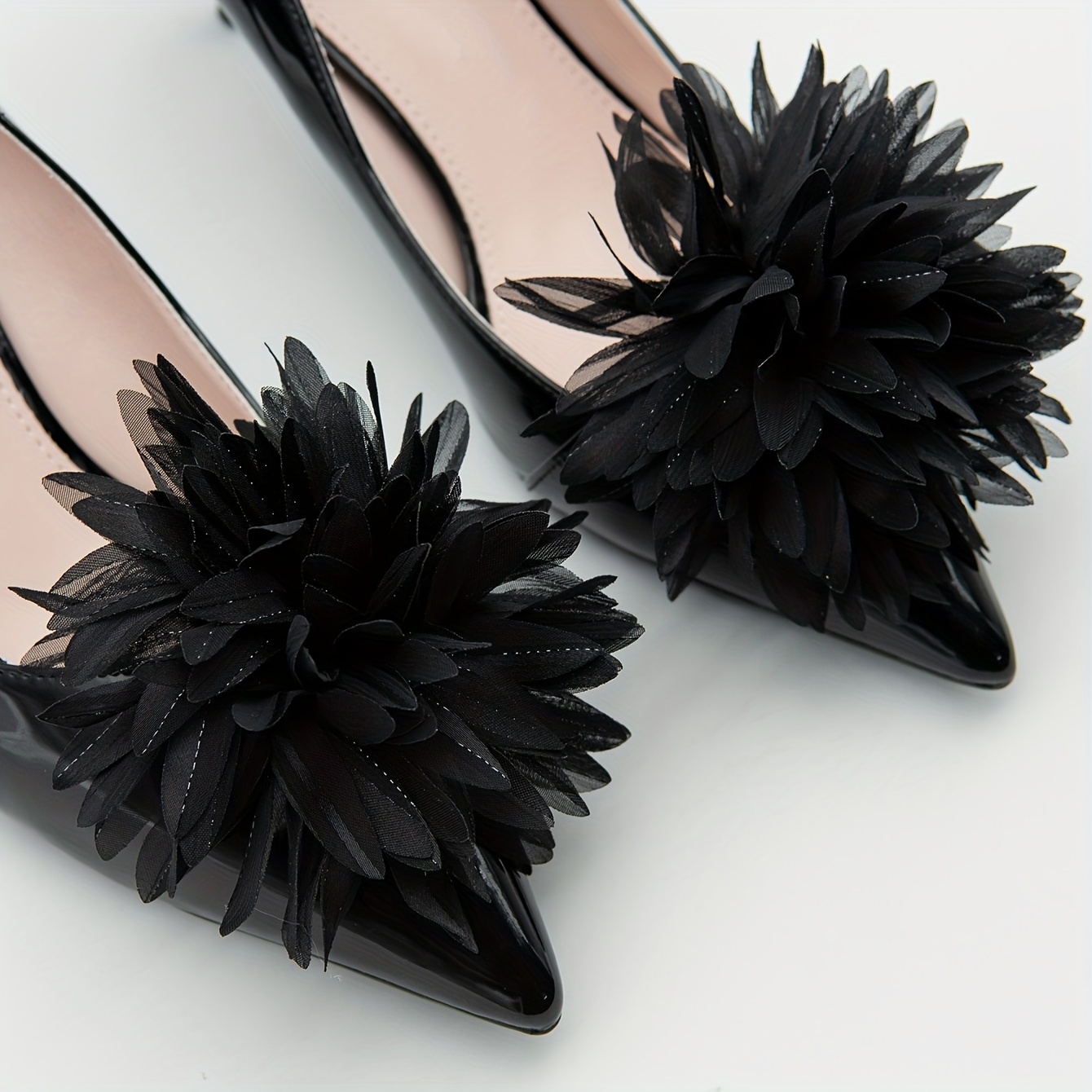 TEMU 1 Pair Of Black And Silvery Silk Chiffon Pointed For Lotus Handmade Shoe Clips, Fabric Three-dimensional Large Flower, Fashionable And Elegant,