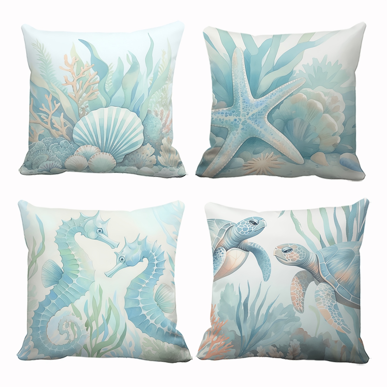 

4-pack Polyester Throw Pillow Covers, Ocean Print With Starfish, Seashell, Sea Turtle, , Hand Wash, Zipper Closure, Woven Decorative Cushion Cases For Home & Outdoor Decor - 18x18 Inches