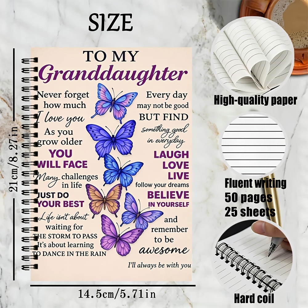 TEMU An Aesthetic To My Granddaughter Themed Spiral Notebook, Colorful Inspirational Hardcover Notebook Theme A5 25 Sheets (50 Pages) Of Lined Paper.