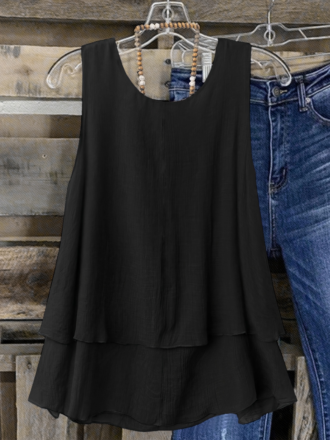 Women's Plus Size Sleeveless Elegant Top - Lightweight Breathable Blue Round Neck Vest, Machine Washable Spring Summer Casual Wear, Elegant Special Line Collection, Sophisticated Design, Textured Fabric