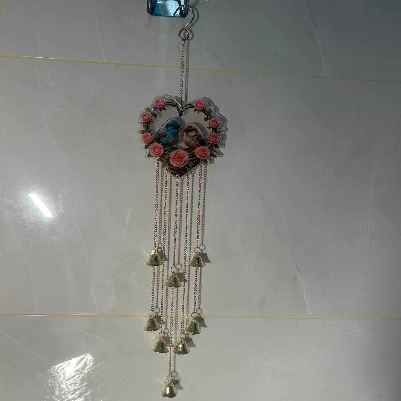 E-shop Herzförmiges Vogel-Windspiel-Set mit Glocken, langlebige Hängedekoration aus Metall, geeignet für Gärten, Veranden, Zimmer, Türöffnungen,