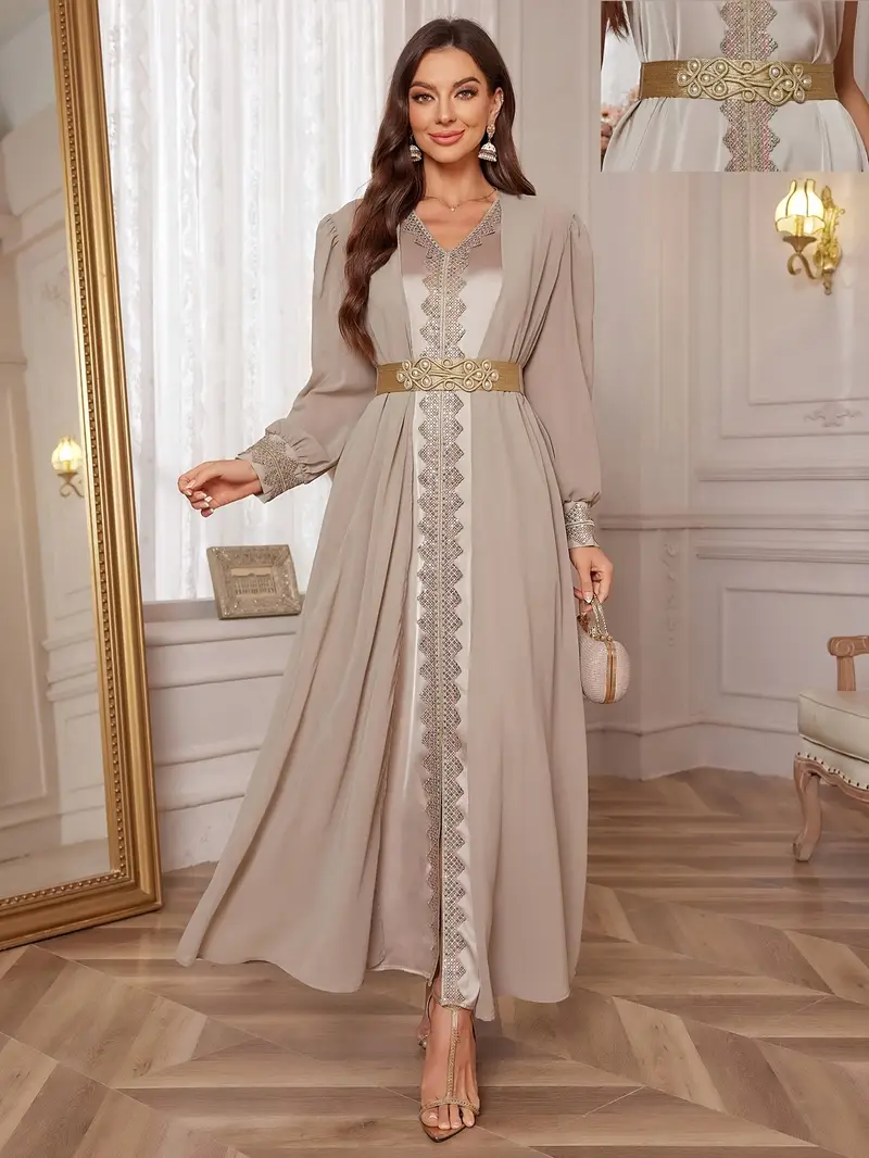 Women V-Neck Sleeveless Lace Elegant slit Dress with Detachable Belt And Arab Style Outer Long Sleeve Two-Piece Set Women V-Neck Sleeveless Lace Elegant slit Dress with Detachable Belt And Arab Style Outer Long Sleeve Two-Piece Set