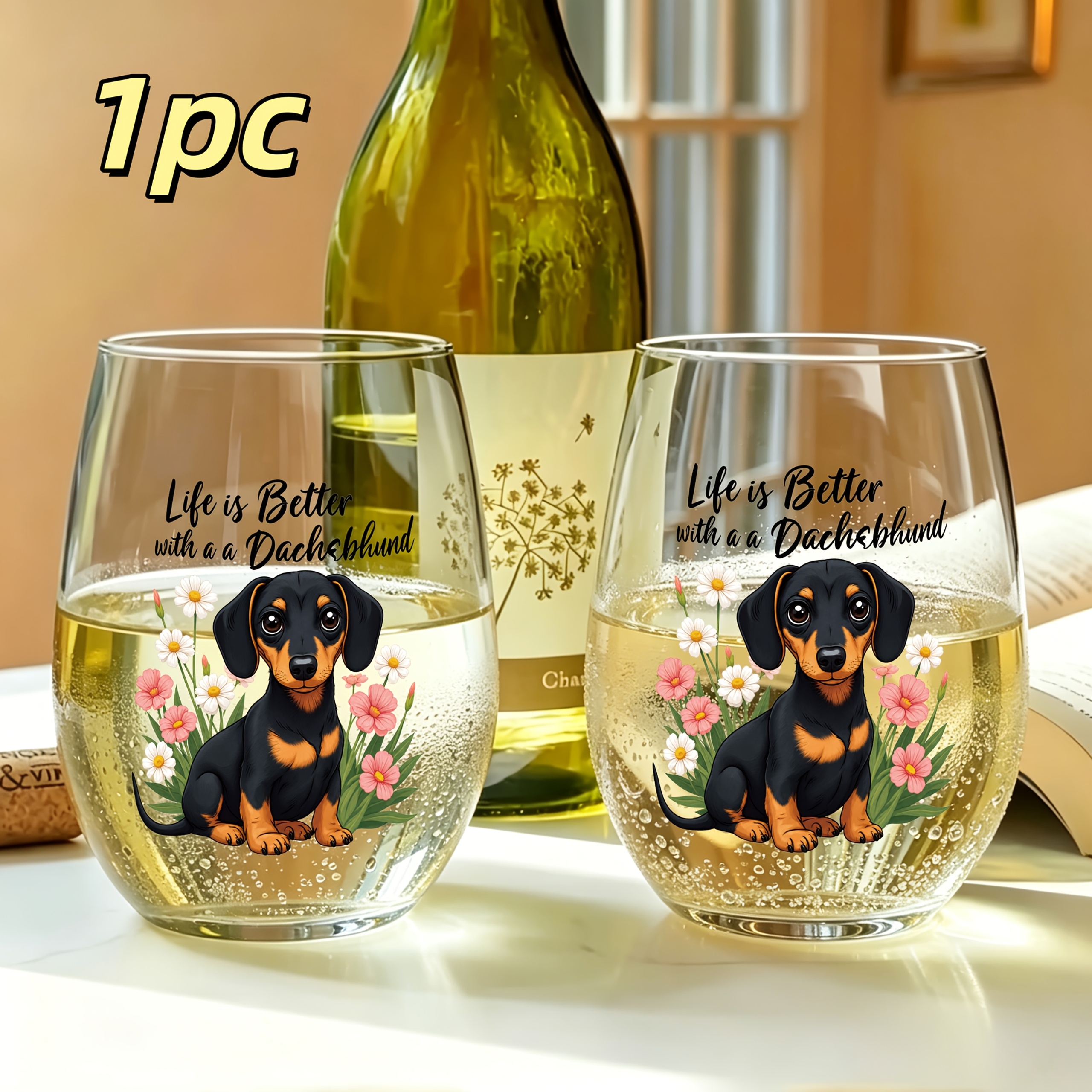 TEMU 1pc Dachshund Text Print 350ml Egg-shaped Glass, Drinking Cup, Stemless Wine Glass, Champagne And Whiskey Glass, Scratch-resistant, Reusable And
