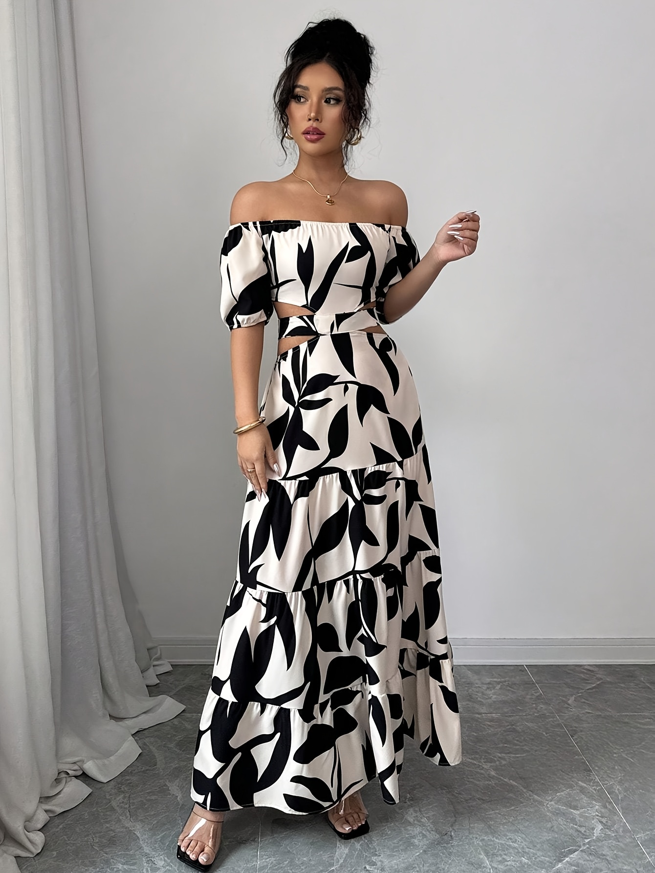 womens shoulder floral print maxi dress belt elegant - Temu