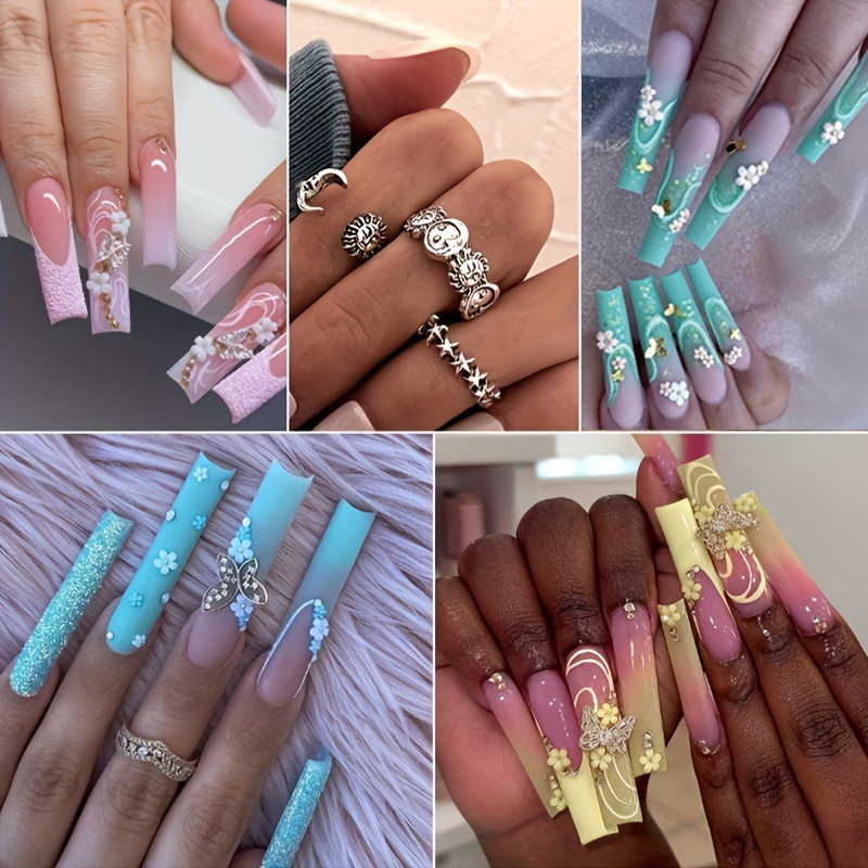 TEMU 96pcs Press On Nails Long Coffin Fake Nails + 3pcs Rings Glitter French Tip False Nails With 3d Charm Floral Designs Gradient Blue Green Nails