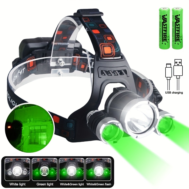 Rechargeable Led White And Green Light 2-in-1 Headlamp, 500 Green Light Flashlight, 2400mah Long , Adjustable Up And Down 90 °, 3 Light
