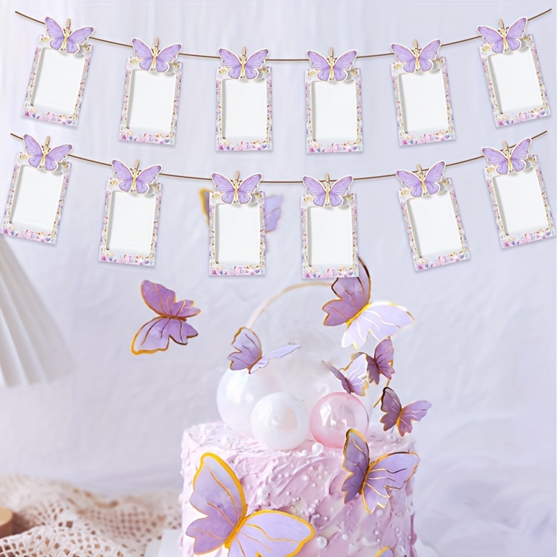 

12pcs/set, Purple Butterfly Birthday Photo Banner, 6inch Paper Hanging Flag Pendent, Pink Purplr Birthday Party Decoration, Adults Wedding Decor, 1st Birthday Suppies Banner