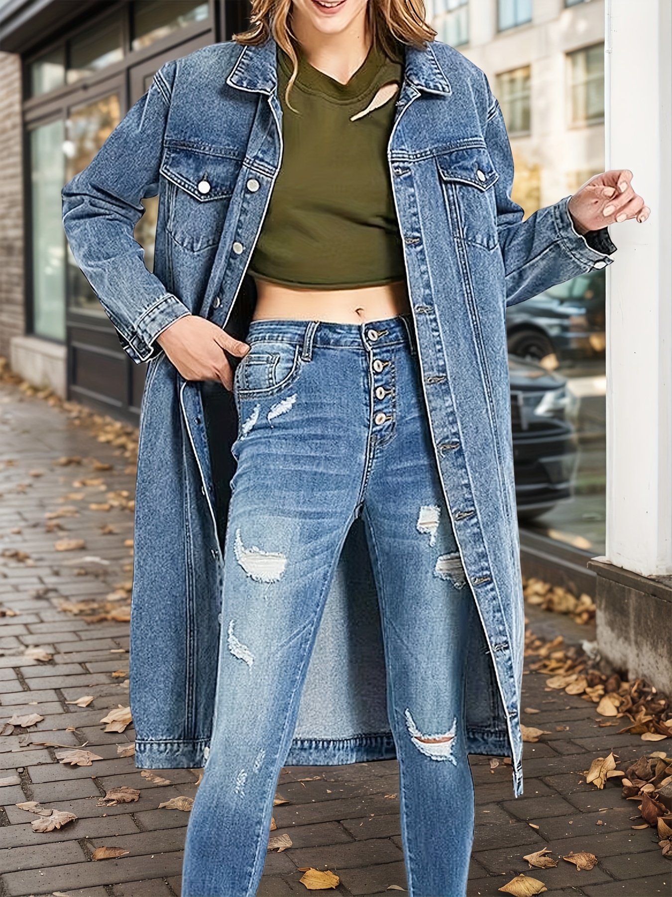 womens oversized denim jacket loose pockets full sleeves - Temu