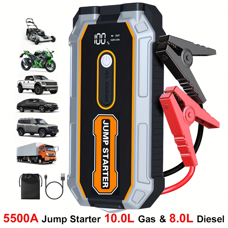 TEMU 5500a High- Starter - 12v Lithium-ion Battery Pack For 10l Gasoline/8l Cars, Includes Led Light & Usb Ports, Portable Battery Booster With Emergency Car Safety Hammer