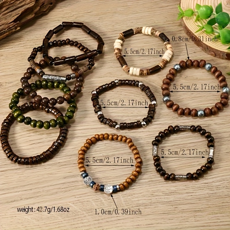 Men's Tiger's Eye Wooden Bead Bangle Bracelet 10pcs Set