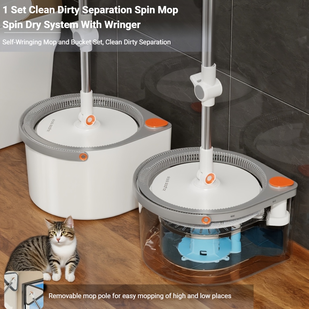 TEMU Absorbent Microfibre Mop & Bucket Set, Spin With Wringer, Clean Dirty . Washable Pads(circle*2+ Square*2+ Triangle*2), Space Saving Spin Mop