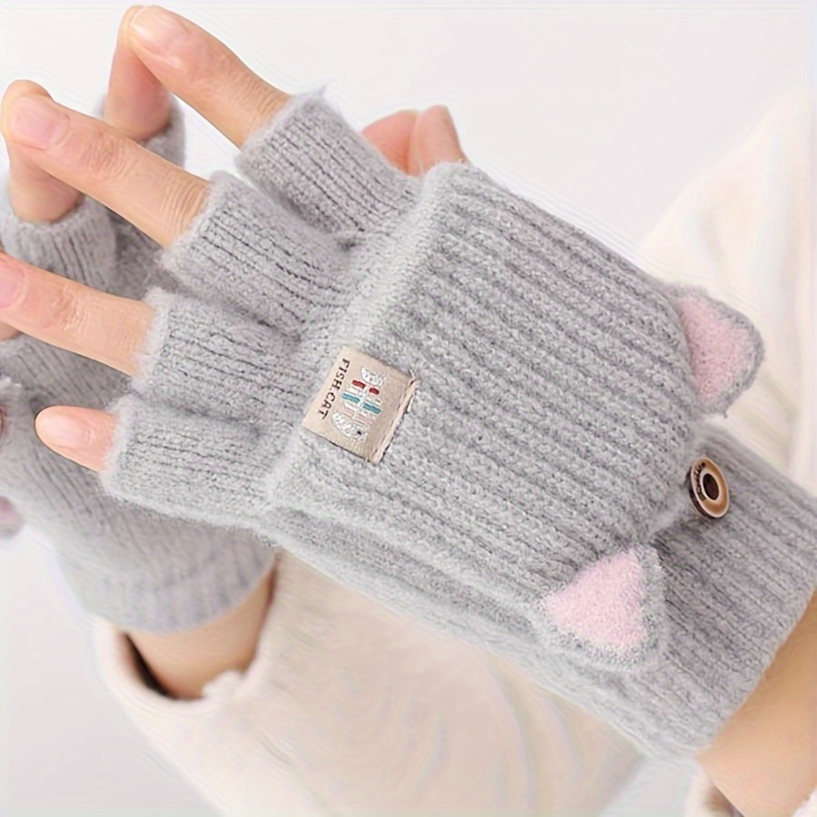 TEMU 1 Pair Cozy Acrylic Cat Ears Fingerless Gloves For Women - Knit Fabric, Button Closure, Flap Design, , Suitable For Fall/winter