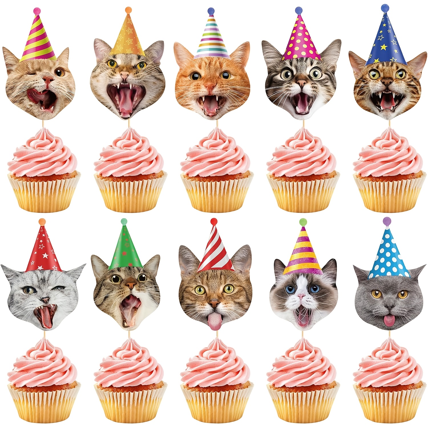 20pcs Cat Cupcake Toppers Cats Face Birthday Cupcake Picks Pet Cat Cake Decorations For Kitten Theme Baby Shower Party Supplies，halloween，christmas