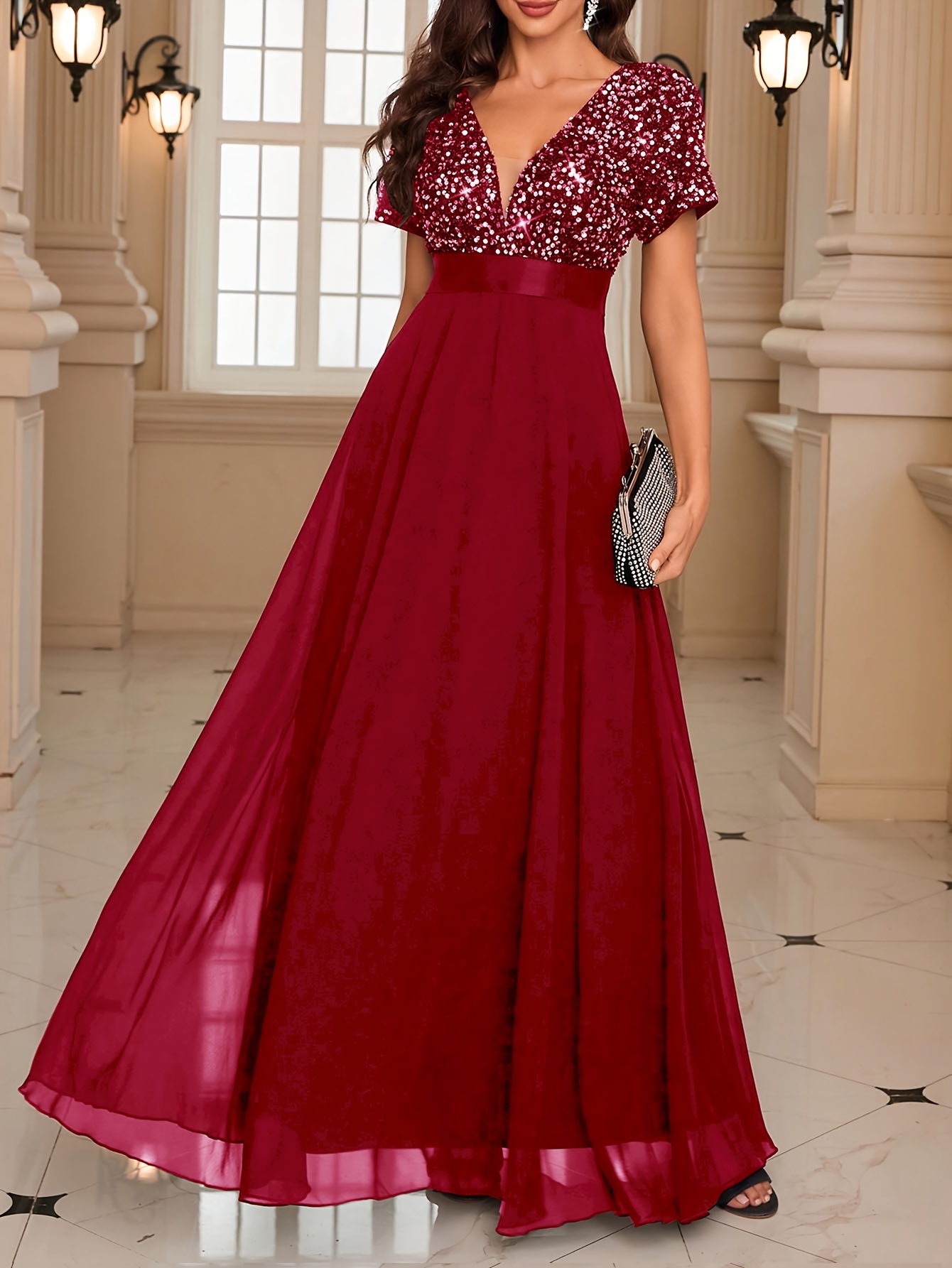 vestido elegante lentejuelas escote mujer poliéster sin Temu Spain