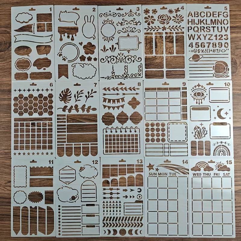 E-shop 15 Stück 4X7 Zoll Wiederverwendbare Journal Vorlagen Set, inklusive Buchstaben, Zahlen, Bordüren, Kalender, Blumen- und Geometrische Muster,
