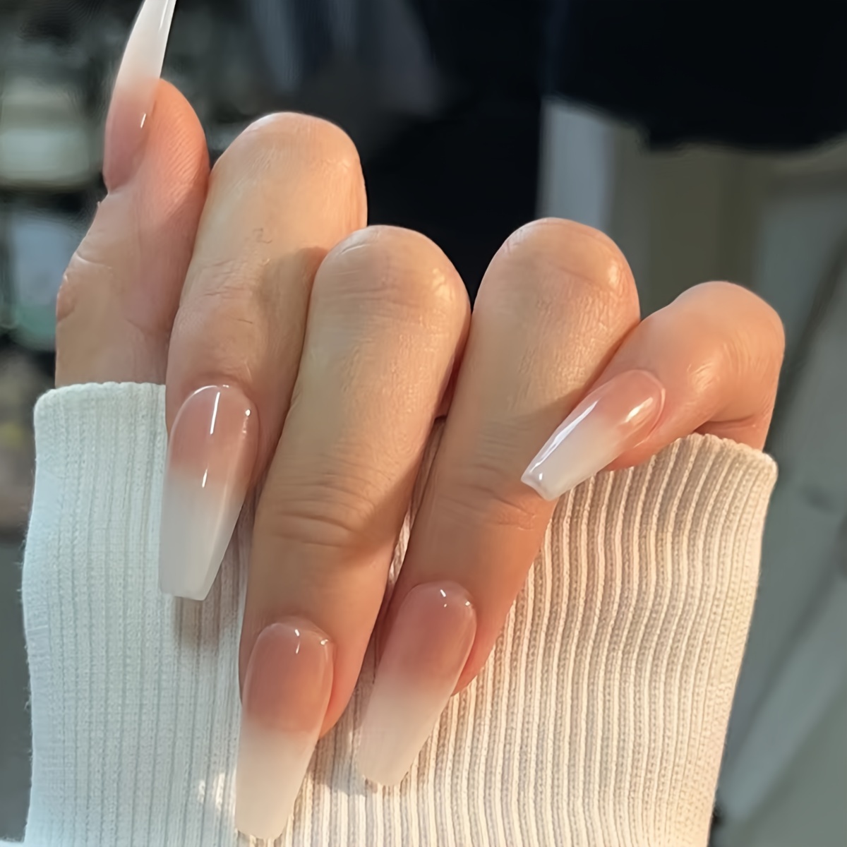 

Long Ombre Pink Nude White French Ballerina Coffin False Nails Gradient On Ballet Fake Nails Tips