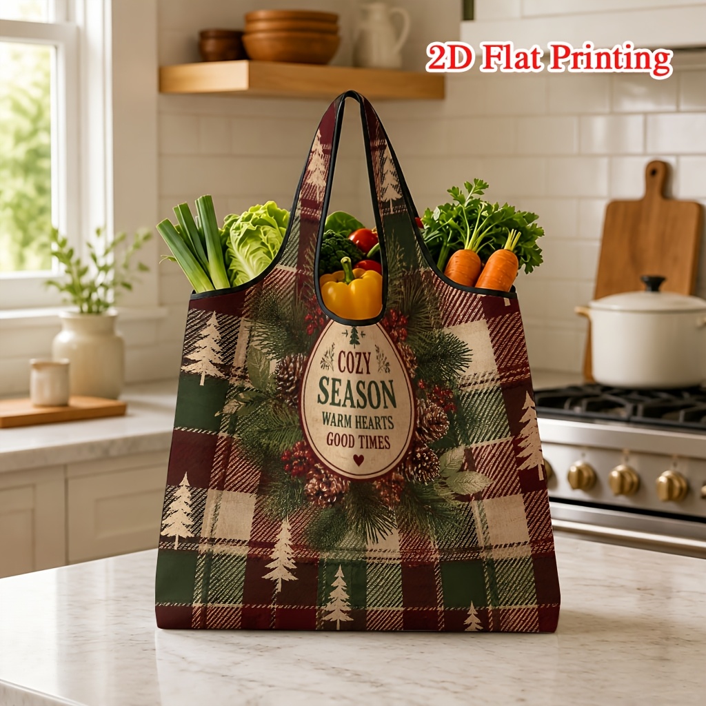 TEMU Sac de courses 1 pièce à motif de pin et pomme de pin à carreaux de Noël imprimé en 2D, pour un usage , adapté pour les courses et les voyages,