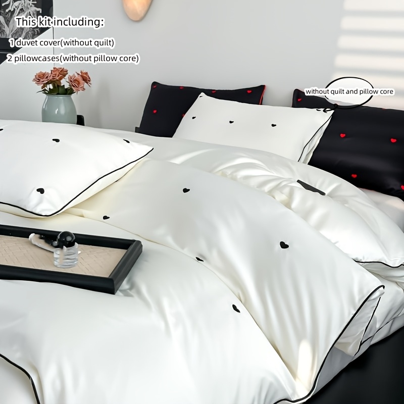 TEMU 3pcs Black Heart-shaped Bedding With White Duvet Cover And Pillowcases (insert Not Included)