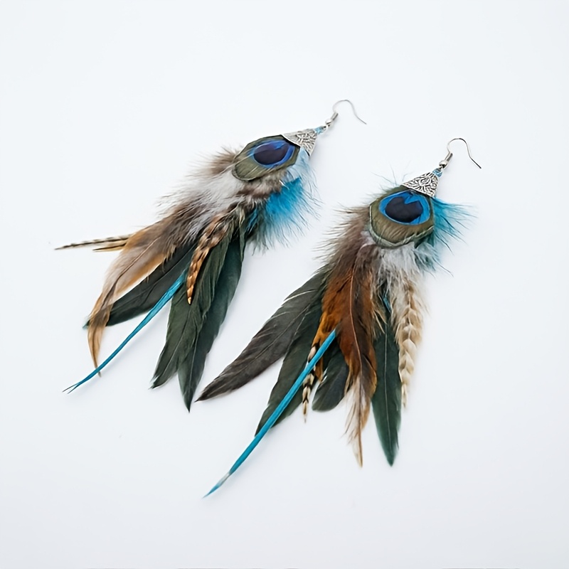 TEMU Bohemian Ethnic Style Earrings, Feather Alloy Ear Hooks, Long Styles, Additions, Personalized Multi-colored Optional Additions