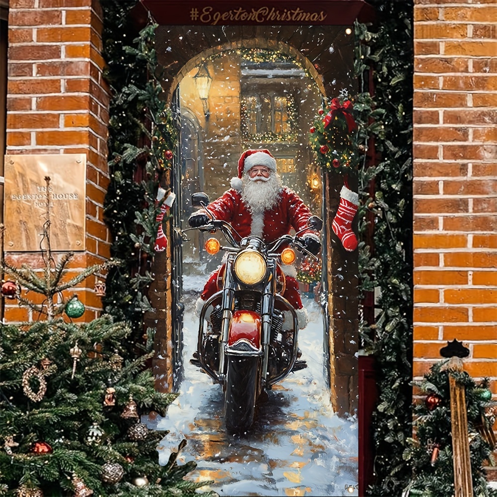 

Santa On Motorcycle Christmas Banner - Polyester Holiday Decoration, Indoor And Outdoor Decorations, No Power Required