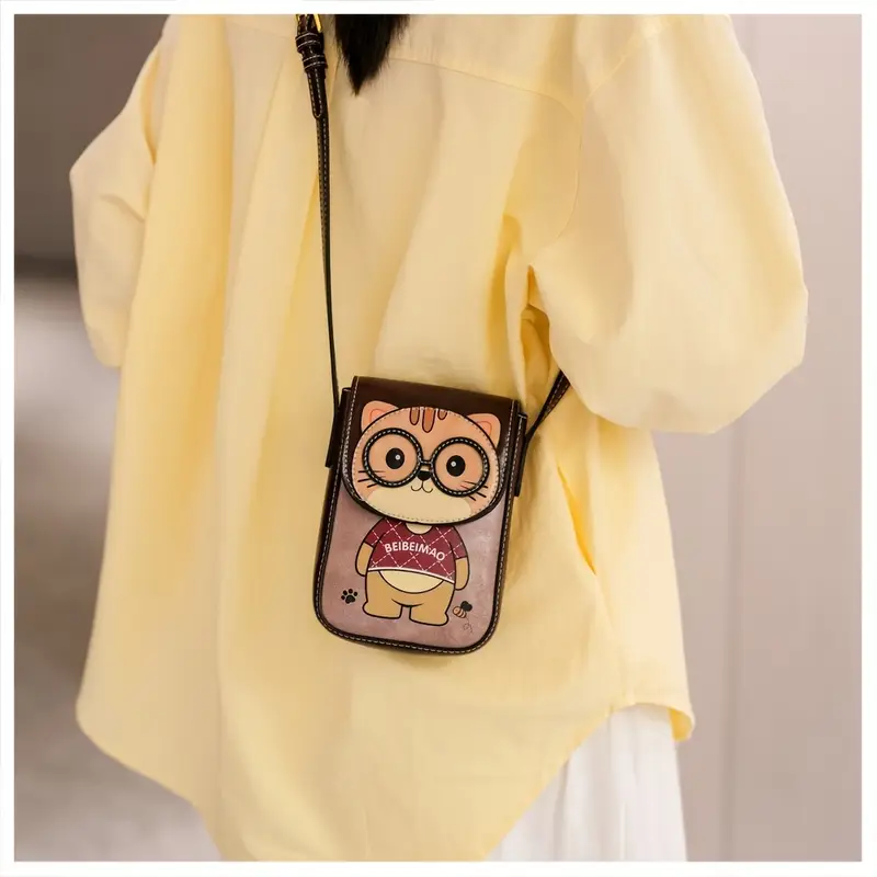 2025 mini cute cat animal print crossbody bag for women - adjustable strap, snap closure, nylon lining, olive brown/beige/pink - compact phone purse, mini purse, casual accessory, design, stylish , small handbag, casual wear, women s accessory, trendy accessory, durable material, women s handbag, details 3