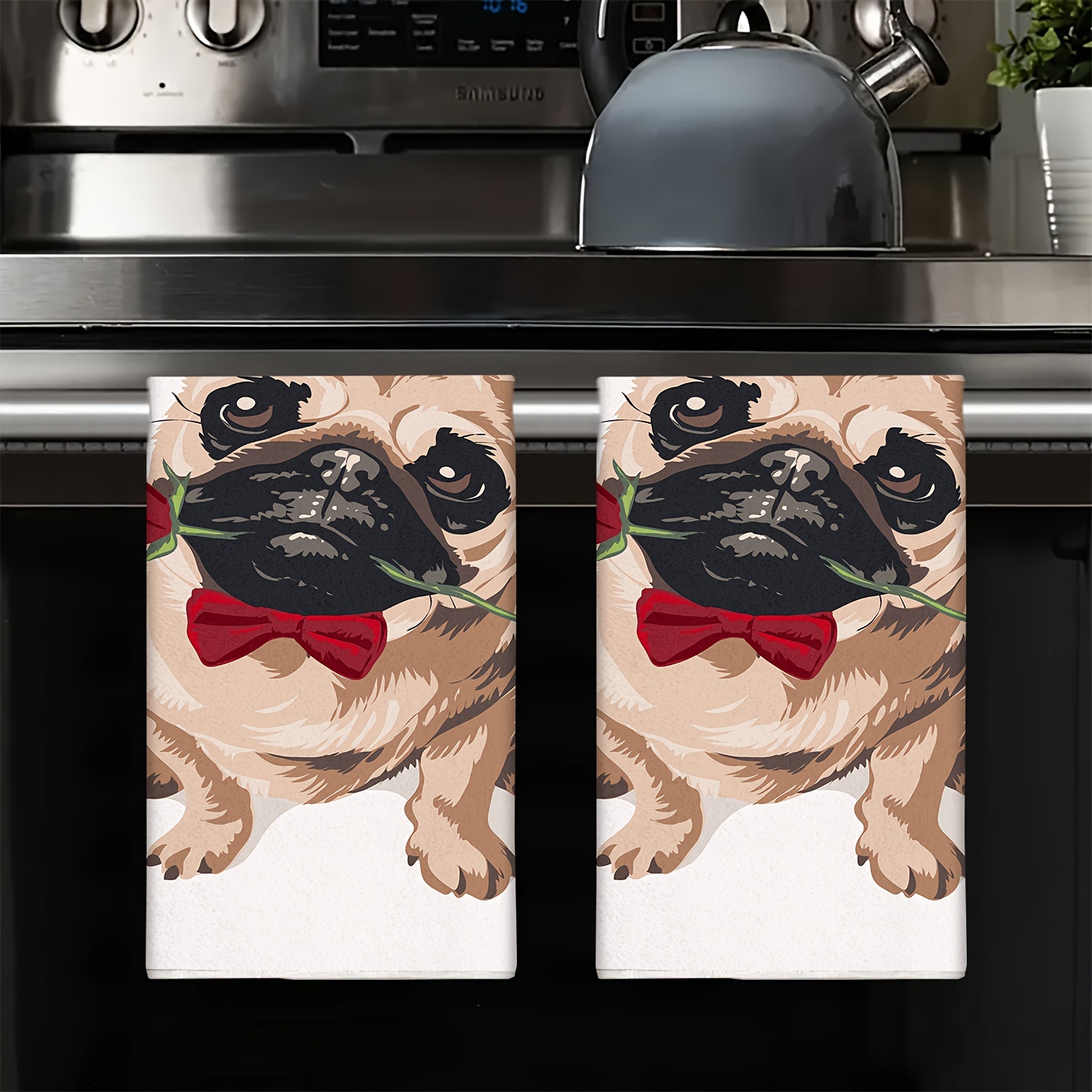 

Contemporary Microfiber Kitchen Towels Set Of 2 - Animal Themed Pug Dog Design With Red Bow - Ultra Fine Knit Fabric Dish Cloths - Machine Washable, Water Absorbable & Super Soft Cleaning Towels
