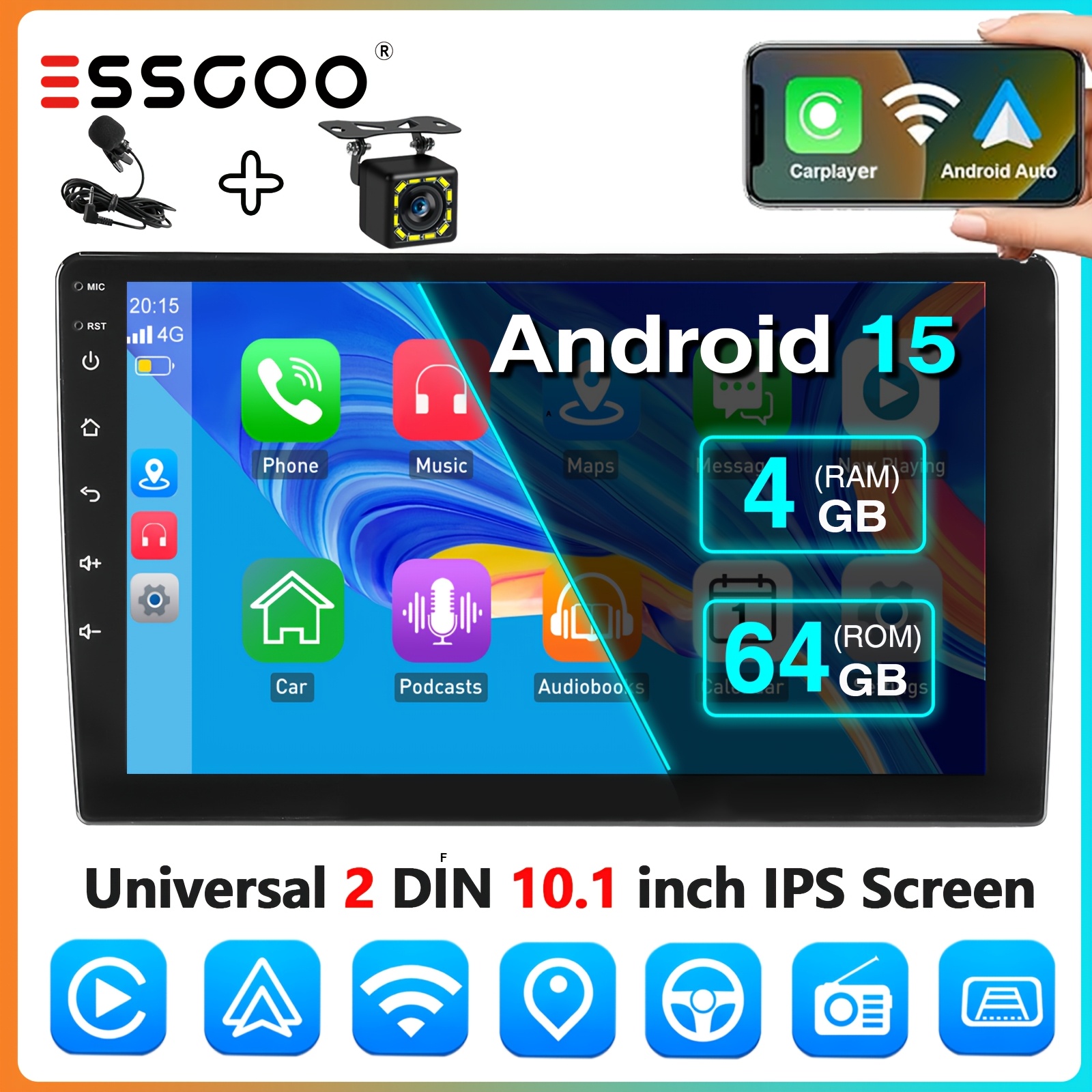 Image of Essgoo 10.1-inch 2 Din 15 Car Stereo Radio With Auto & Wifi,, Fm/rds, 4gb , 64gb Rom, Dashboard Display Player For Cars Usb Swc With Asp Sound Setting With Backup