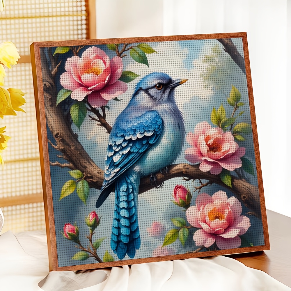Frameless Cross-Stitch Print Kit, Blue Bird Perched on Flower Branch