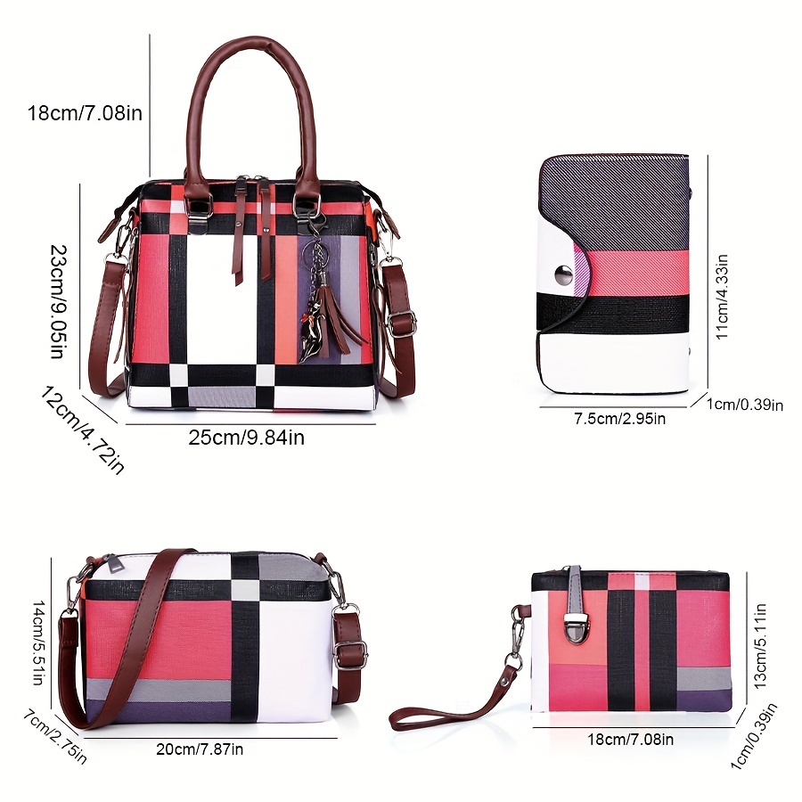 TEMU 4 Pcs Classic Plaid Pattern Bag Set : Trendy Satchel Bag With Tassel Decor, Square Shoulder Bag With Clutch Zipper Wallet & Credit Card Holder