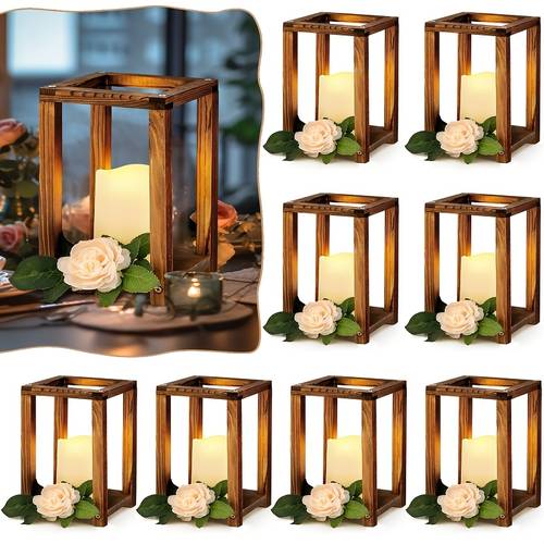 16pcs wooden candle lantern set 8 rustic wedding centerpieces for table decorative candle lanterns and 8 flameless decorative led candles for wedding decoration brown