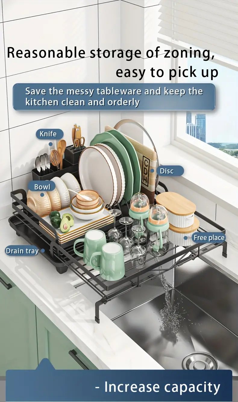 2 in 1 expandable rust resistant metal dish drying rack with pan slots utensil holder and for space saving kitchen counter and sink organization Product details 4