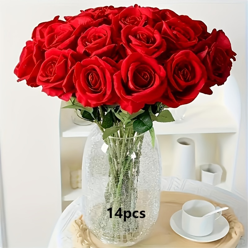 

14pcs Lifelike Artificial - Long Stem Roses For Home, Wedding & Garden Decor | Valentine's Day, Day & More