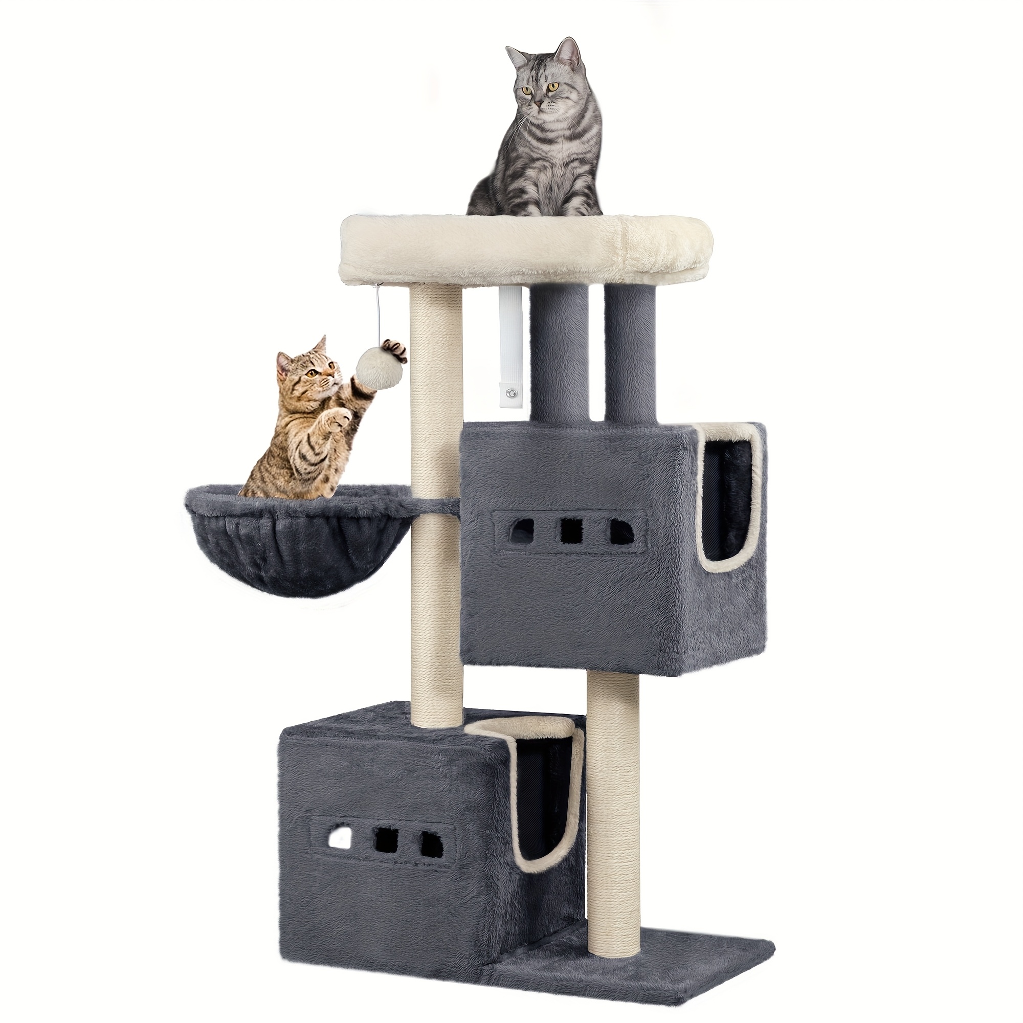 98cm Scratching Post, Cat Tree, Small Scratching Post, Multi-storey Scratching Post With Perch, Cat House Furniture With 2 Caves, Sisal Cat Scratching Post, Hammock, Cave, Dark Grey/light Grey