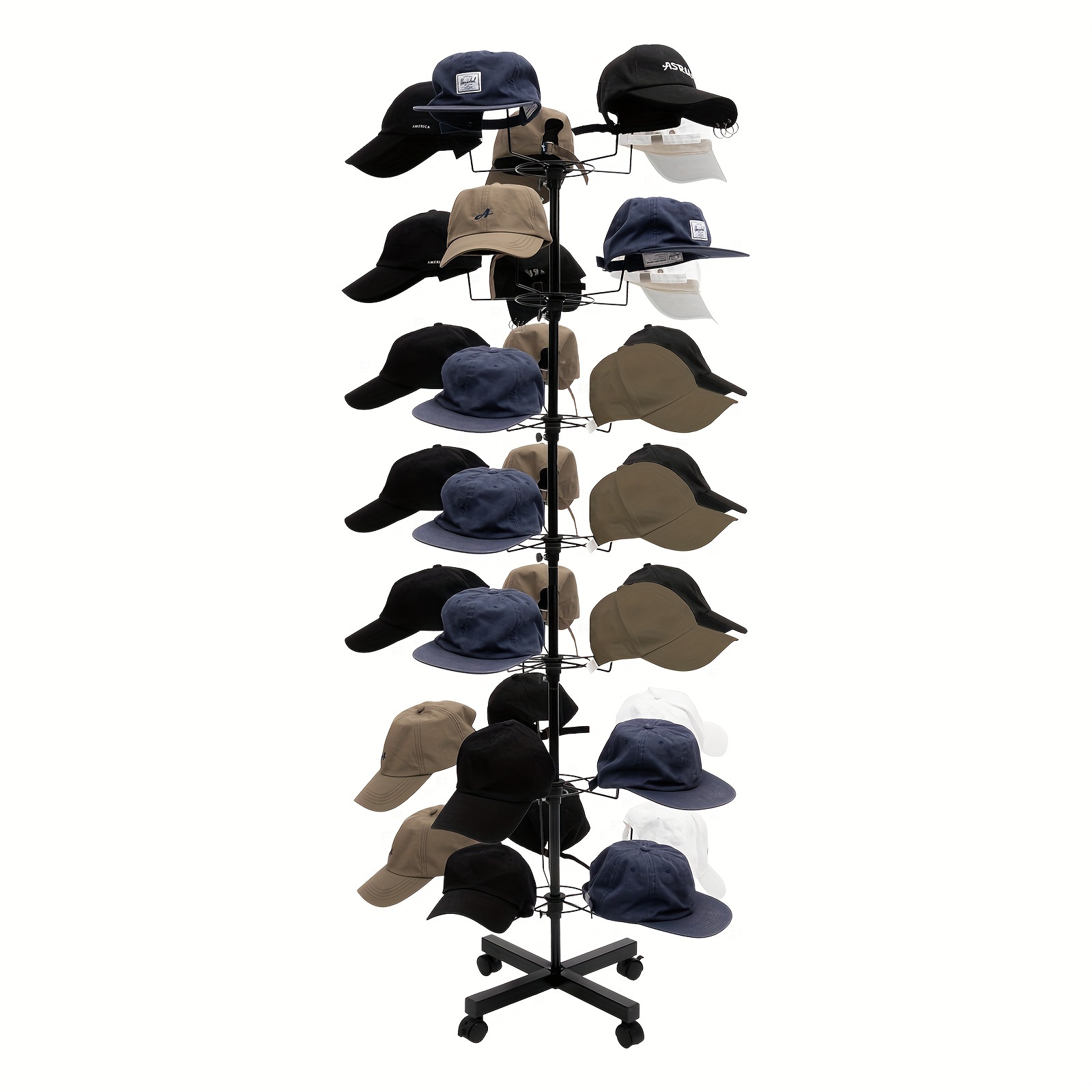 TEMU 7 Layer Hat Rack 360° Rotating Baseball Hat Rack Storage Shelf Hat Display Rack Floor Standing Iron Material With 4 Wheel