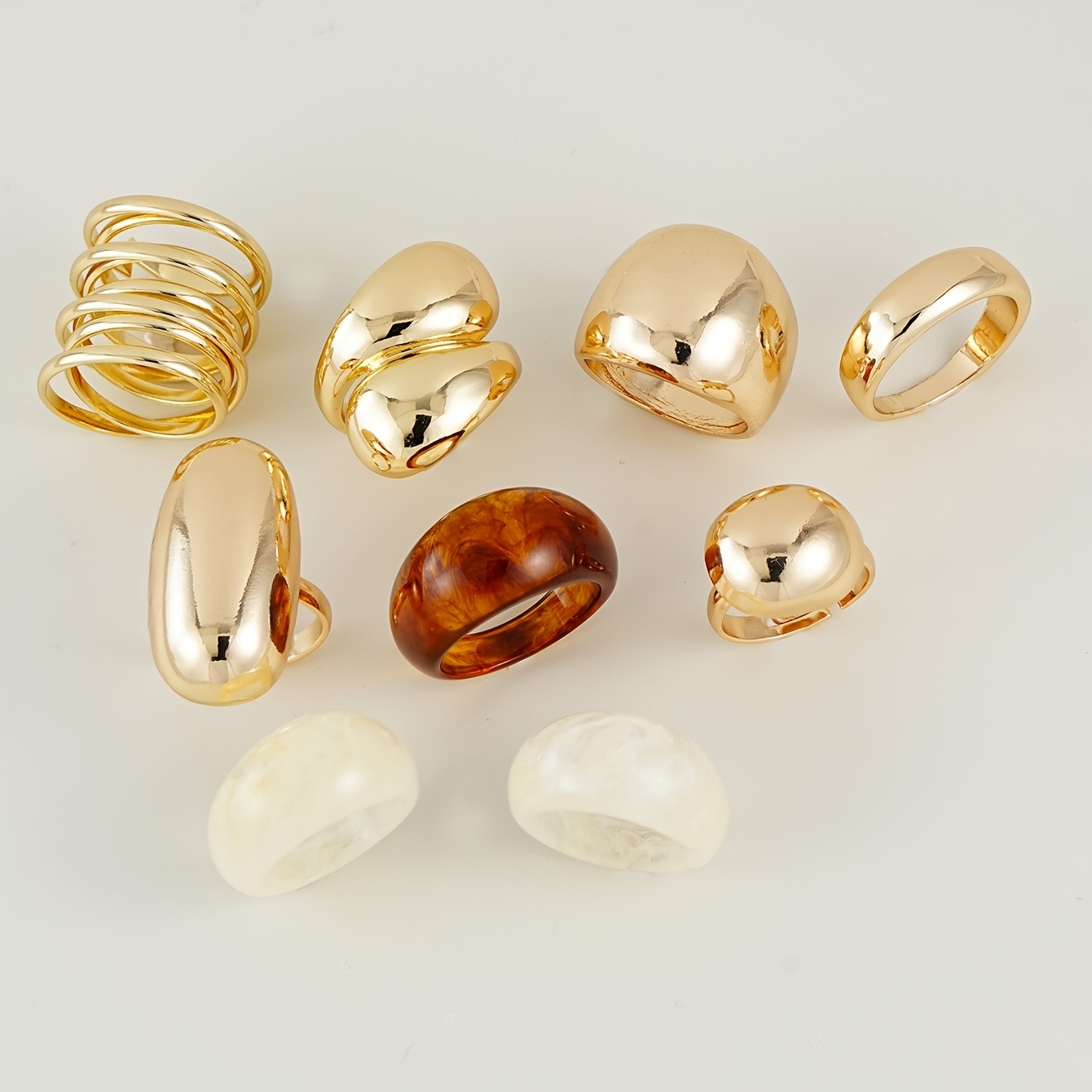 Image of 9pcs Women's Vintage Chunky Rings, Minimalist Resin Ring Geometric Smooth Wide Face Rings, Suitable For Party, Banquet, Music Festival, Commuting Jewelry, Street Style Additions