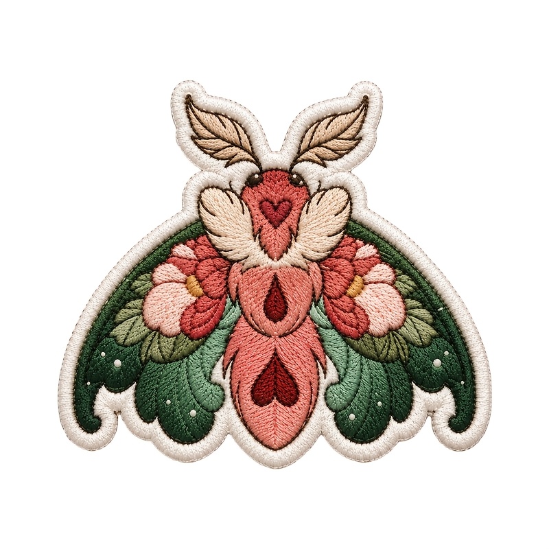 TEMU 1pc Floral Moth Embroidered Patch Iron On Sew On Cute Luna Moth Fabric Badges Retro Botanical Pink Flower Applique For Backpacks Vests Jackets