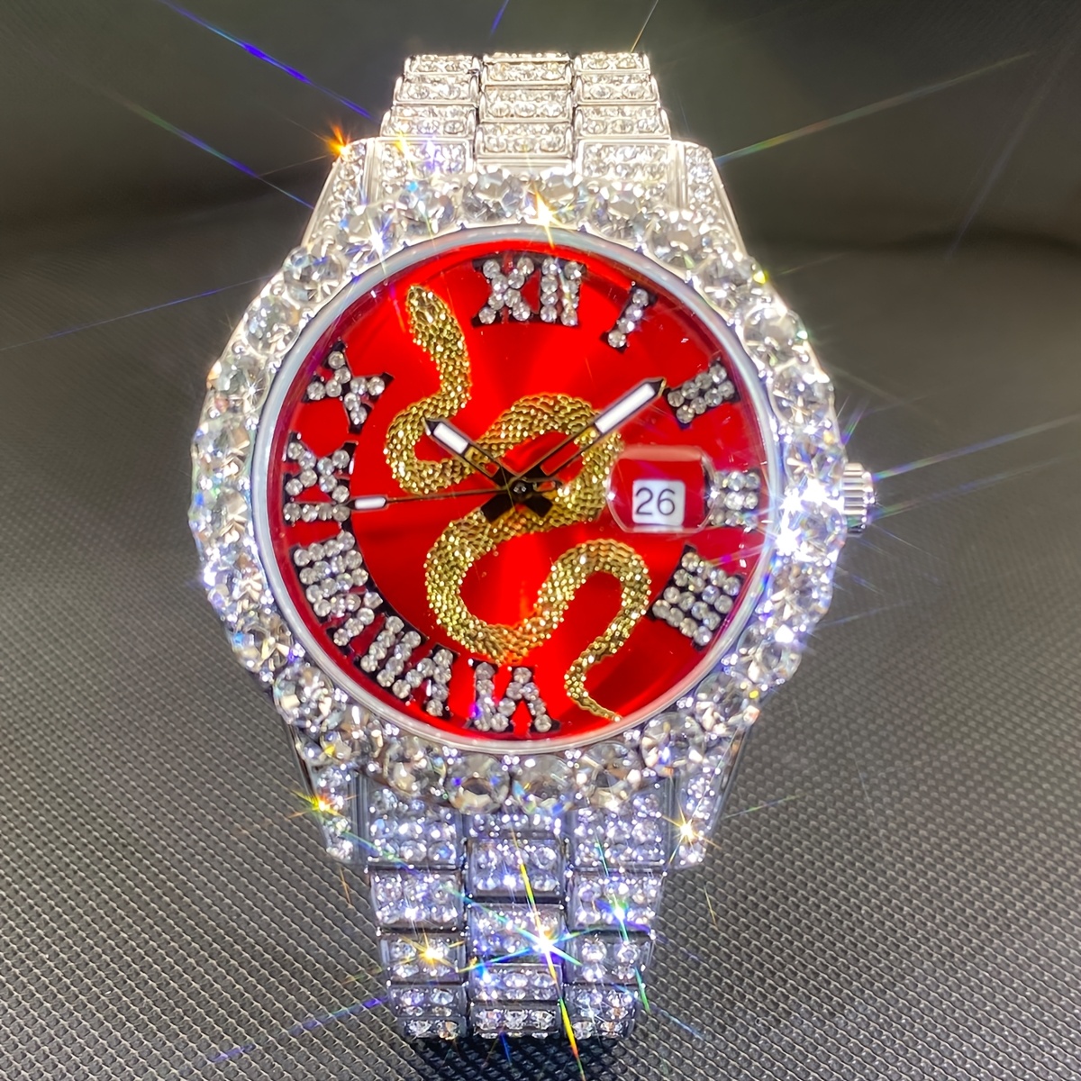 Luxury Quartz Watch For Men Featuring A Unique Hip-, Capabilities, Luminous Elements, A Snake Motif, And With Rhinestones