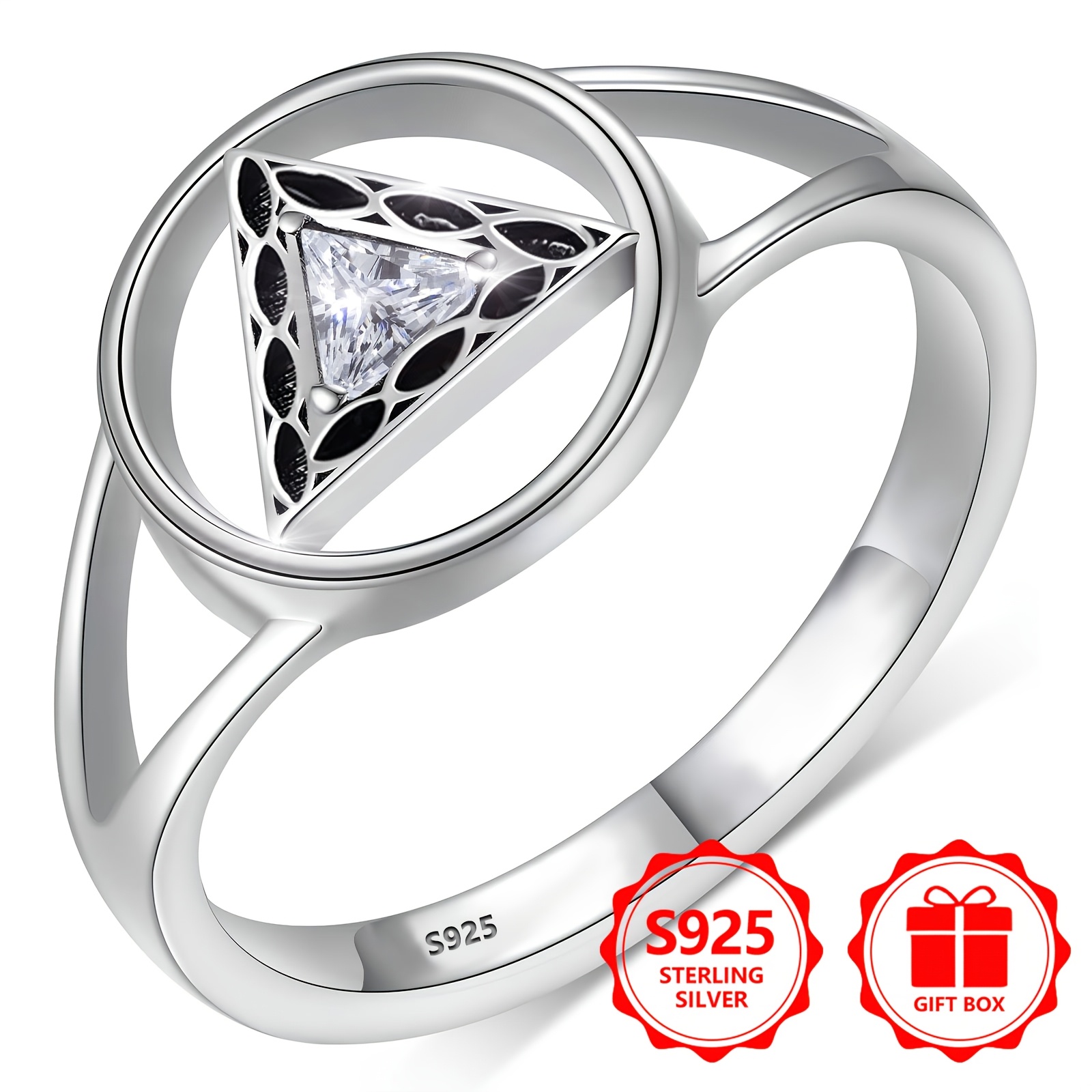 925 Sterling Silver Triangle Zirconia Hollow Circle Ring