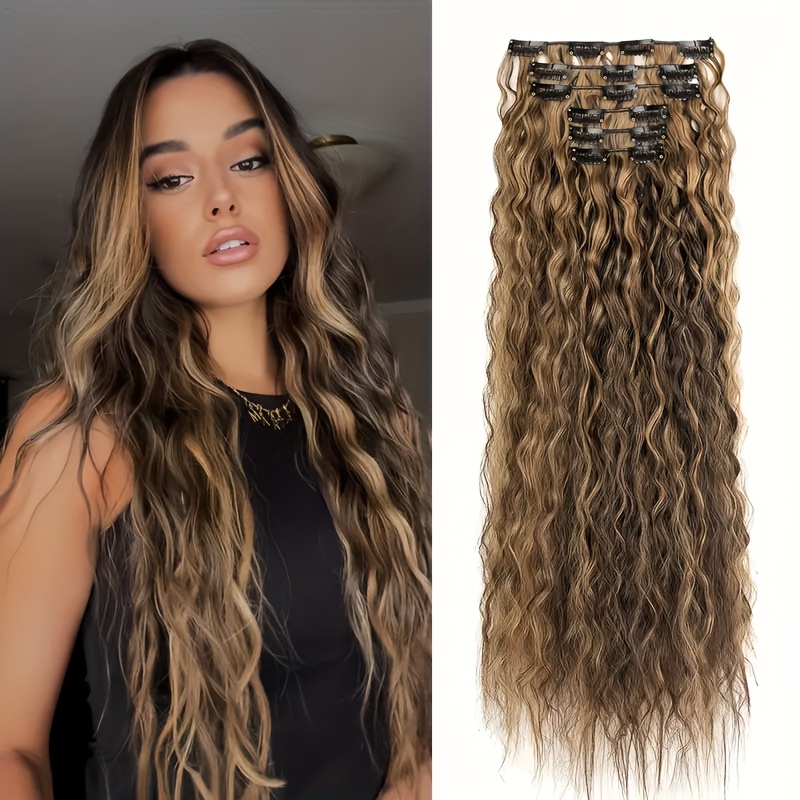 6pcs luxurious 24 inch blonde clip in wavy hair extensions for women   synthetic   friendly   coverage with elegant white diamond accents ponytail hair extensions details 3