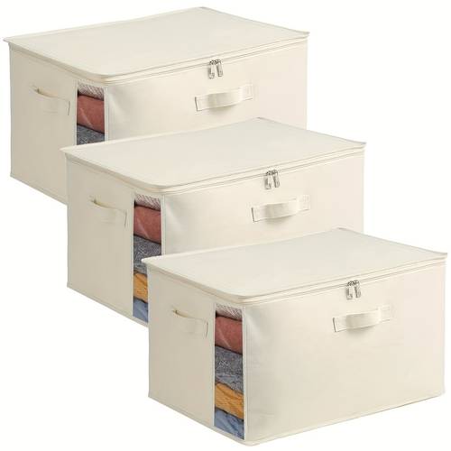 3 pack large canvas comforter storage bags for clothes sweater clothes organizer with dual zipper three carrying handles for blanket closet storage container