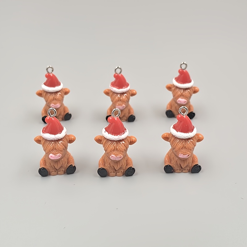 TEMU 6pcs Trendy Resin Christmas Highland Cow Charms, Suitable For Jewelry Making, Party Additions, Earrings, Necklaces, Bags