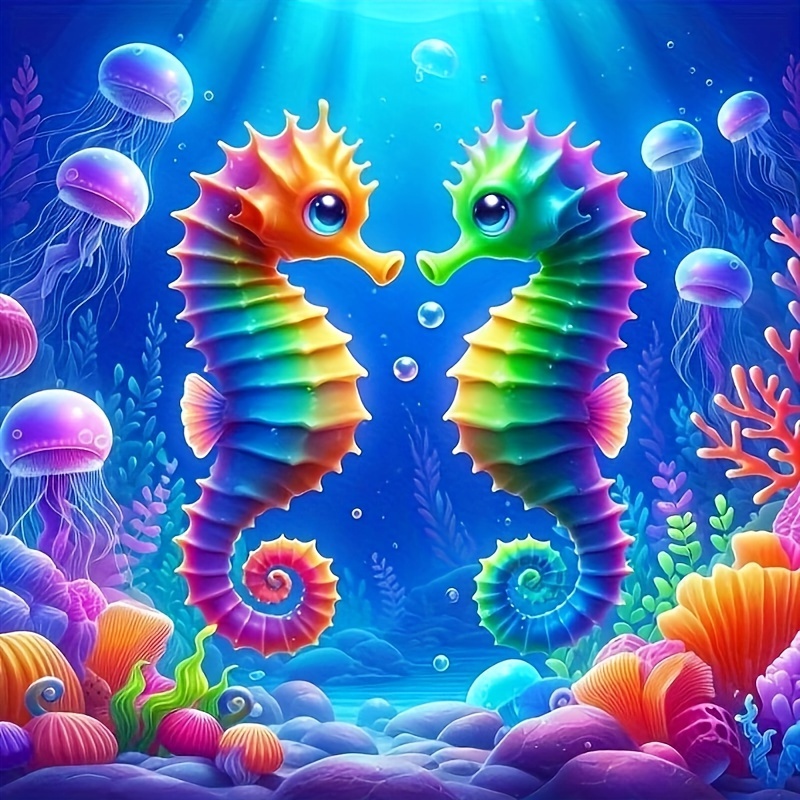 

20x20cm/7.847x7.87in Diy Diamond Painting Kit: Colorful Seahorses On Oceanic Background - Animal Theme, Round Diamond Shapes, Oil Canvas Material