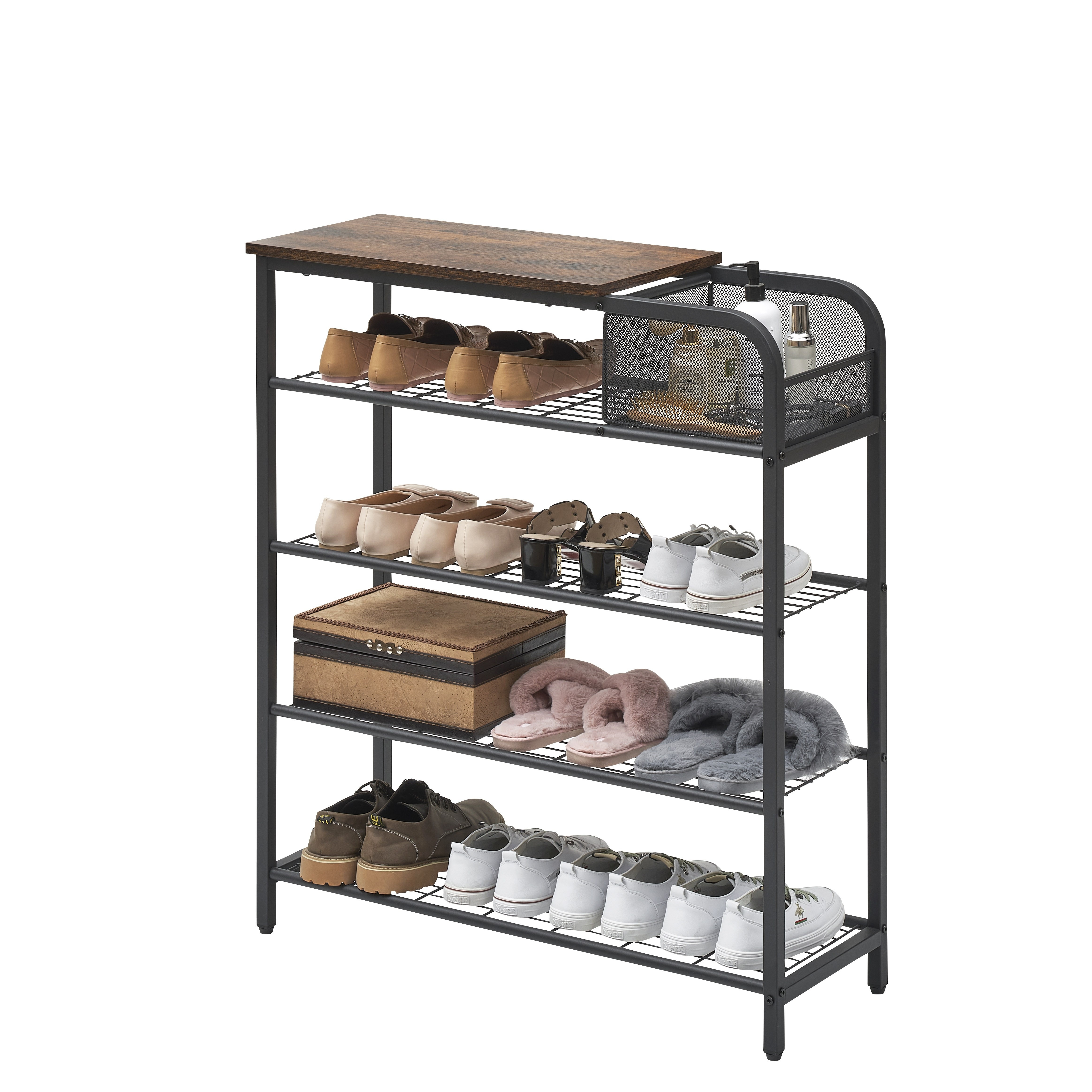 5 tier shoe rack closet organizer free standing storage for 20 25 pairs sturdy wooden top with mesh storage basket ideal for entryway hallway and closet rustic brown   details 5