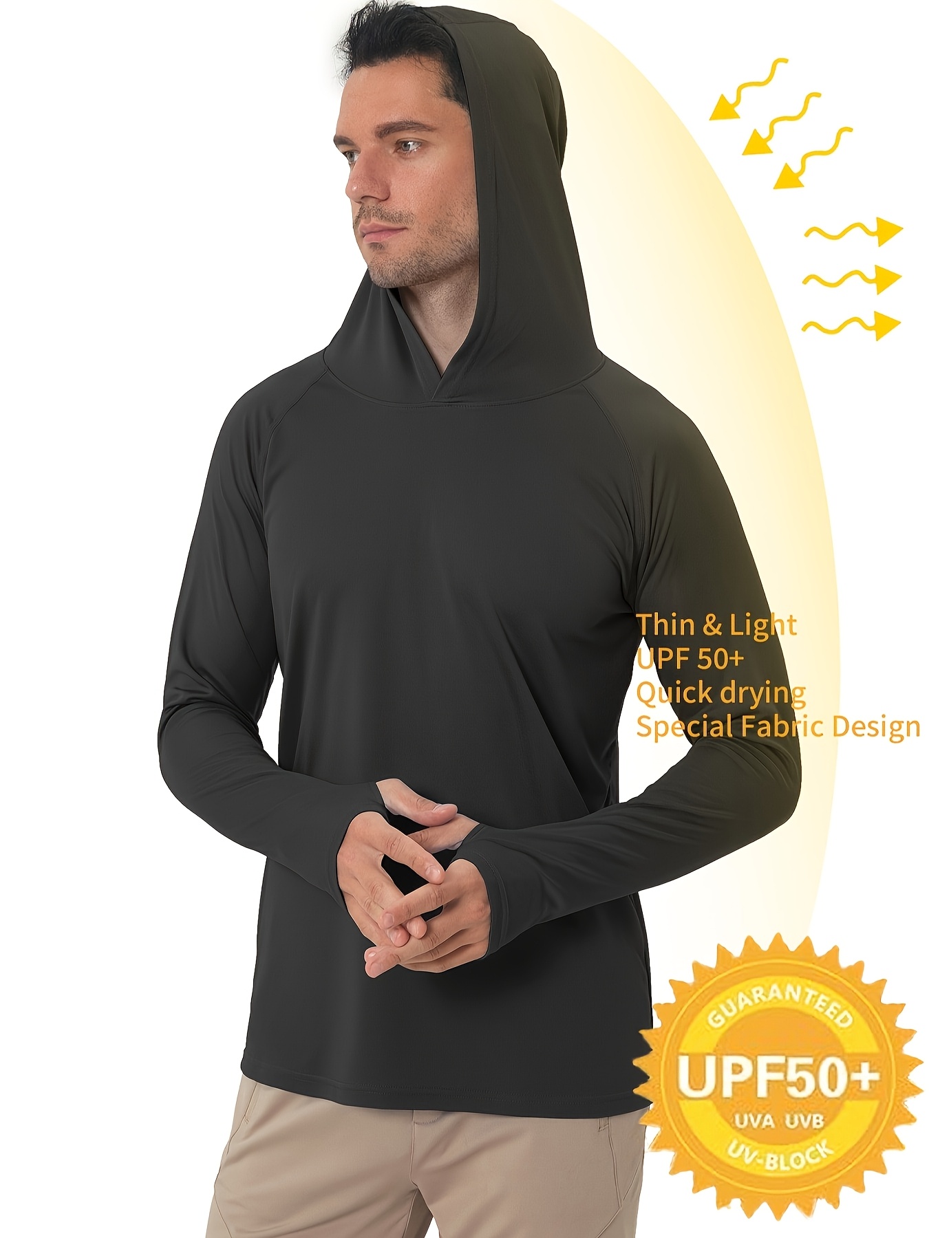 Men's UPF 50+ Sun Protection Hoodie - Lightweight Quick-Dry Polyester Long Sleeve Shirt with Rash Prevention, Breathable Stretch Fit for Outdoor Running, Fitness, Fishing & Cycling