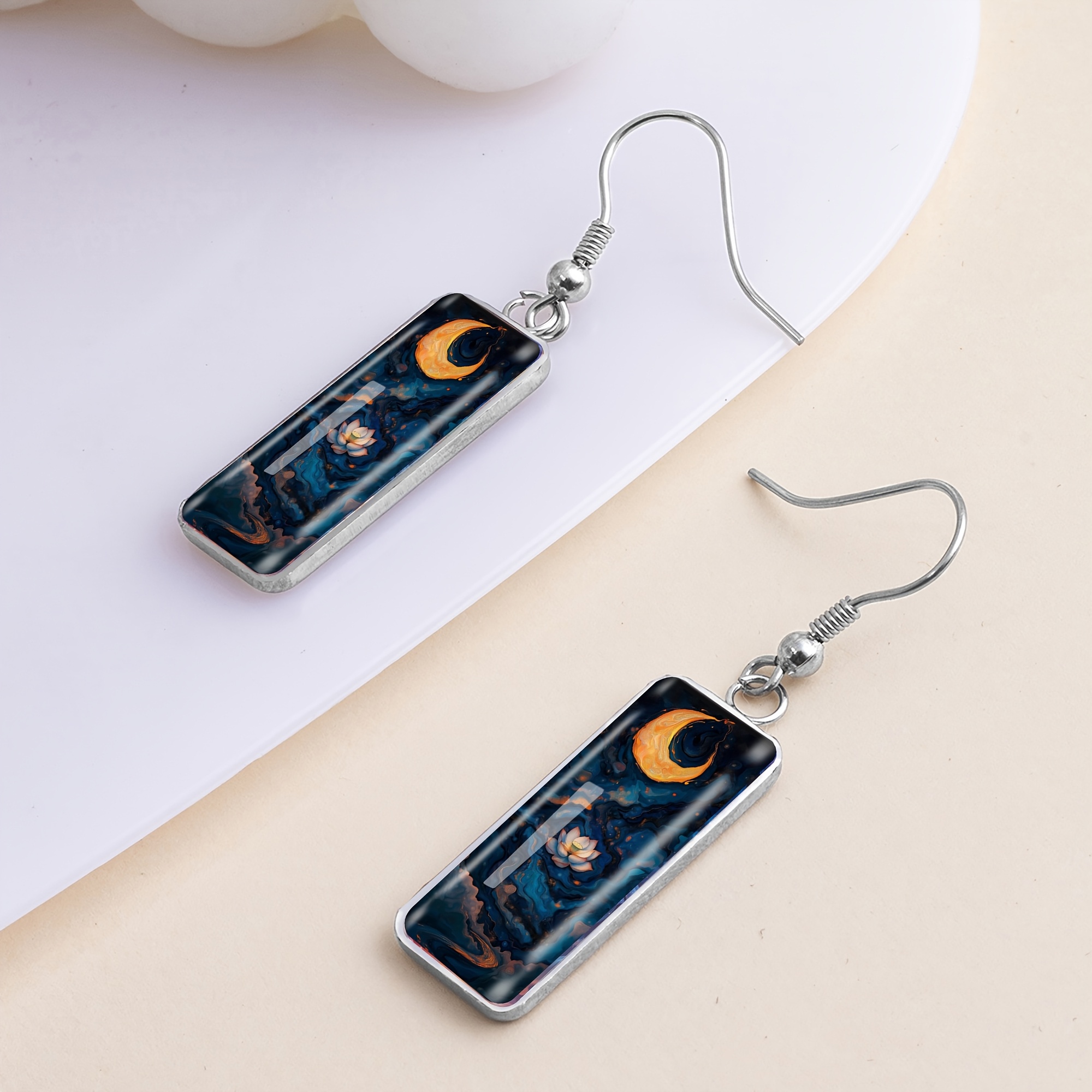 Golden Crescent Lotus Pattern Long Earrings, Unisex